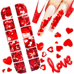 AIDVPOD Red Heart Nail Art Glitters for Valentine's Day Charms Valentine Nail Decorations Supplies 3D Holographic Love Sequins Sparkle Design Women DIY Acrylic Manicure Decor