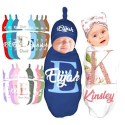 Capmome Swaddle and Hats Custom Baby Blankets for Girls Boys Blankets Baby Gifts Personalized Baby Items (Initial Style)