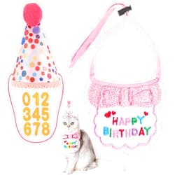 Bruislard Cat Birthday Hat Outfit Bandana Scarf with Number, Party Hat Dog Costumes Cute Kitten Puppy Bib Scarf Party Decorations Set for Small Medium Cats & Doggy(Pink)