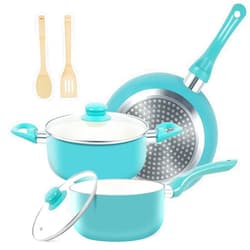 M MELENTA Pots and Pans Set, 7pcs Nonstick Ceramic Cookware Set, Induction Kitchen Cookware Sets, Non Stick Cooking Sets Pots and Pans with Stay Cool Handle, 100% PFOA Free, Turquoise