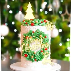 Crethinkaty Flying Deer Christmas Tree Snowflake Merry Christmas Acrylic Cupcake Toppers Cake Topper Glitter Gold Acrylic Cake Decorations for Christmas Party