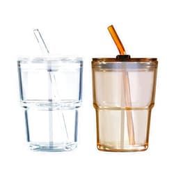Puraville 12oz Coffee Cup 2 Pack Glass Cups with Lids and Straws Coffee Mug Set with Insulated Sleeve Glassware Tumbler Drinking Jar, Clear and Amber