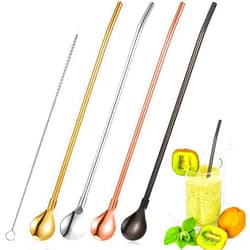 Patelai 4 Pieces Spoon Straws Stainless Steel Drinking Spoon Straws Reusable Metal Cocktail Spoons Straws with Long Cleaning Brush