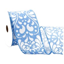 Whaline Cielito Lindo Party Wired Edge Ribbon 2.5 Inch Blue White Flower Fabric Wrapping Ribbon for Mexican Fiesta Cinco De Mayo DIY Crafts Wreath Bow Making, 12 Yard