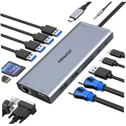 ABIWAZY USB C Docking Station Dual Monitor for Dell/HP/Lenovo/Surface Laptop, 14 in 1 Triple Display Hub Multiple Adapter, Dongle with 2 HDMI 4K+VGA+5 Port+100W PD Charger+Ethernet+SD/TF+Audio