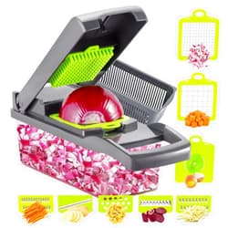 Ourokhome Vegetable Chopper Onion Cutter, 12 in 1 Professional Mandoline Slicer for Kitchen, Multifunctional Food Chopper for Potato, Tomato, Veggie with Strainer Basket, 8 Blades, Gray