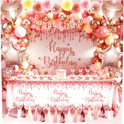 JOPHMO Rose Gold Birthday Party Decoration Pack Happy Birthday Pink Party Supplies for Girls Women (Banner Backdrop Tablecloth Fringe Curtains Balloons Garland Paper Tassels Garland Paper Pompoms)