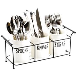 Bekith 3-Piece White Ceramic Silverware Caddy with Black Metal Rack, Utensil Holder Flatware Caddy Cutlery Storage Organizer for Kitchen Table, Cabinet or Pantry