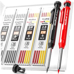Nicpro Carpenter Pencil with Sharpener, Mechanical Pencils Set with 26 Refills, Deep Hole Marker for Construction, Heavy Duty Woodworking Pencils for Architect (Black, Red) - With Case