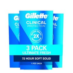 Gillette Men’s Clinical Strength Antiperspirant and Deodorant, 72-Hour Sweat Protection, #1 Clinical Brand for Men, Soft Solid, Ultimate Fresh Scent, 1.7 oz (Pack of 3)