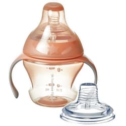 Tommee Tippee Transition Cup, Breast-Like Teat and Soft Silicone Spout, Removable Easy-Grip Handles, Leakproof Lid, 150ml, 4-7m+, Pink