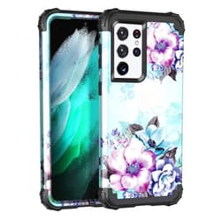 Casetego Compatible with Galaxy S21 Ultra 5G Case,Floral Three Layer Heavy Duty Sturdy Shockproof Full Body Protective Cover Case for Samsung Galaxy S21 Ultra 5G 6.8 inch,Blue Flower