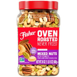 Fisher Oven Roasted Never Fried Mixed Nuts with Peanuts, 24 Ounces (Pack of 1), Peanuts, Almonds, Cashews, Pistachios, Pecans, Snacks for Adults, Made With Sea Salt, No Added Oils, Artificial Ingredients or Preservatives, Trail Mix, Gluten Free ​