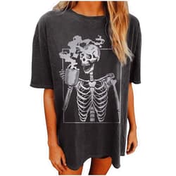 MHTOR Oversized Hot Coffee Skeleton Shirt Women Halloween Skeleton Tshirt Funny Skull Graphic Tees Trendy Casual Loose Blouse