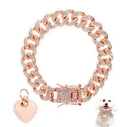 PEUTIER 7.87 Inch Dog Chain Collar, Rose Gold Diamond Collar Necklace with Heart Shape Dog Tag Rhinestones Heart Bling Dog Collar Pet ID Tag Chain for Small Medium Large Dogs Cats