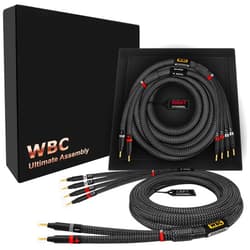 WORLDS BEST CABLES 10 Foot Ultimate - 9 AWG - Ultra-Pure OFC - Premium Audiophile HiFi Bi-Wire Speaker Cable Pair with Eminence Gold Banana Plugs & Carbon Tweed Jacket