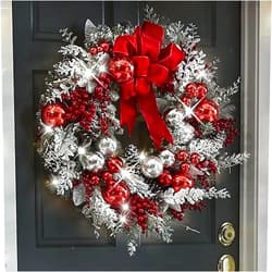 Ohxixhia Xmas Holiday Trim Glitter Wreaths The Cordless Red and White Christmas Wreaths Decoration for Front Door Outside Wall Hanging Christmas Garland Christmas Wreath Home Decor Xmas Decor Gift