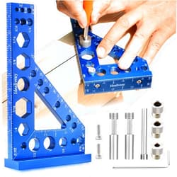 Idealiveny Aluminum Small 8-in-1 Carpenter Square and Center Finder, Wrench, Square, Protractor, Ruler, Marking Gauge, Drill Gauge with Drill Bushings/Screws/Pins, Precision Woodworking, Center Marking Tool