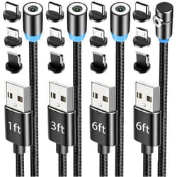 Terasako Magnetic Charging Cable 4-Pack [1ft/3ft/6ft/6ft], 360° Rotating Magnetic Phone Charger Cable with LED Light, 90° Angle Connector, Nylon-Braided Cords