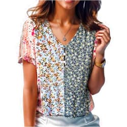 KABAZLE Summer Floral v Neck Flowy Tops for Women Trendy 2024 Short Sleeve Boho Tunic Ladies Dressy Casual Button up Blouses