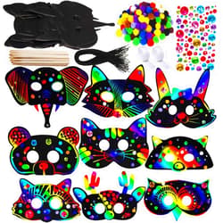 Winlyn 27 Sets Magic Scratch Off Art Rainbow Magic Scratch Paper Animal Masks Owl Rabbit Tiger Wolf Bear Squirrel Fox Bear Elephant Cutouts Face Kids Jungle Forest Animal Birthday Party Activities