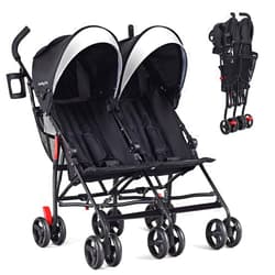 BABY JOY Double Umbrella Stroller, Lightweight Travel Side by Side Twin Stroller with Large Storage, Cup Holder, 5-Point Safety Harness, Adjustable Canopy & Compact Fold for Infant and Toddler (Black)
