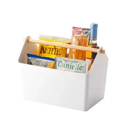 Yamazaki Home Storage Organizer/Cleaning Caddy/Storage Basket with Handle Plastic + Wood One Size White