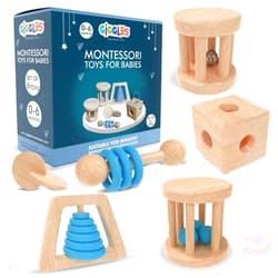 Giggles Montessori (6 Pack) Babies 0-6 Months, Wooden Baby Toy Rattle, Teether, Teethers, Teething for Babies, Natural Wood, Baby Toys, Infant Circle Rattle, Rattles, Baby Wooden Toys 6-12 (Blue)