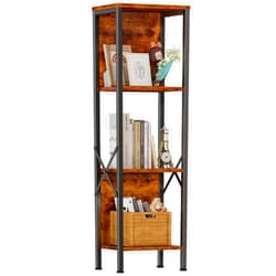 Furologee 4 Tier Small Bookshelf with Back, Short Narrow Bookcase with Shelves, Industrial Freestanding Shelf Units, Metal and Wooden Display Storage Rack for Bedroom, Living Room, Office, Entryway