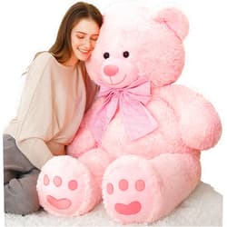 MorisMos 5ft Giant Pink Teddy Bear Stuffed Animal, Large Teddy Bear Plush Toy with Footprints and Bow, Gift for Girlfriend, Wife, Girls at Birthday Valentines, Christmas, Baby Shower Decor