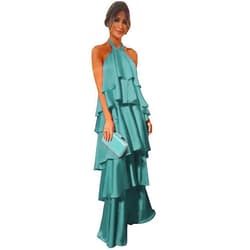 CLcaojun Women's Satin Floor Length Evening Dresses Tiered Women Halter Backless Formal Occasion Prom Dress