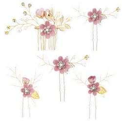 Qianyu 5Pcs Bridal Flower Wedding Hair Pins Crystal Pearl Hair Clips Headpiece Gold and pink Wedding Proms Hair Accessories Jewelry with Rhinestone for Brides Bridesmaids Women Girls Updo Gift