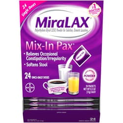 MiraLAX Gentle Constipation Relief Laxative Powder, Stool Softener with PEG 3350, No Harsh Side Effects, 1 Doctor & OBGYN Recommended, Single Dose Mix-in Pax, Travel Pack, 24 Dose