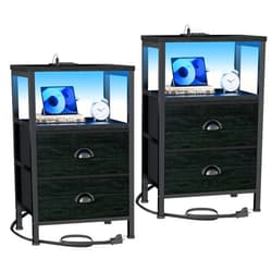 Furologee Nightstands Set of 2, End Tables with Charging Station and LED Lights, Black Night Stands with 2 Fabric Drawers, Bedside Tables Set of 2 for Living Room/Bedroom,Black Oak