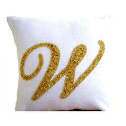 Amore Beaute Handcrafted Monogram Throw Pillow Cover in White Linen with Custom Letter Embroidery - Personalized Decorative Throw Pillow Cover with Gold Beads Sequins Detail (20 x 20)