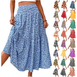 BIUMUET Boho Floral Maxi Skirt for Women 2025 Summer Elastic High Waist A Line Long Skirts Flowy Tiered Skirt with Pockets