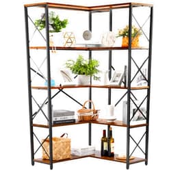 Rengue Bookshelf 5 Tier Corner Shelf, Large Modern Industrial Bookcase L Shaped Storage Display Rack with Heavy Duty Metal Frame for Home Office, Living Room, Bed Room