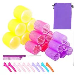 Sungenol Self grip hair roller set,Hair roller set 18 pcs,Heatless hair curlers,Hair rollers for Long hair,Medium and Short hair,Hair rollers with hair roller clips and comb,Salon hairdressing curlers,DIY Hair Styles, Sungenol 3 Sizes Hair Rollers in one set Rose red+Fluorescent yellow+purple