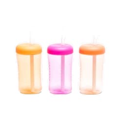 The First Years Squeeze & Sip Toddler Straw Cups - Squeezable Transition Sippy Cup with Silicone Straw - Toddler Feeding Supplies - Yellow/Pink/Orange - 7 Oz - 3 Count - Ages 6 Months and Up