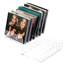 Hipiwe Clear CD Holder - 7 Slot CD Storage Box CD DVD Display Rack Tray Holds up to 14 Standard CD Cases, Tabletop Plastic File Divider for paper Mail Bill Eyeshadow Palette Organizer, 2-Pack