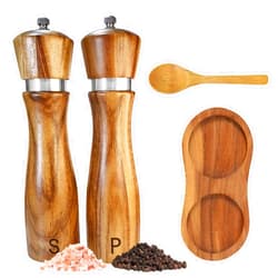 TanAndLin Wooden Salt and Pepper Grinder Set:Pepper Grinder Manual,Adjustable Coarseness,Crafted of Solid Acacia Wood with Ceramic/Stainless Steel Core|Along with Salt&Pepper Mill Tray,Spoon,8in,2pack