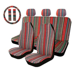 AOTOMIO 10PCS Boho Front and Rear Seat Covers Flower Style Blue Baja Blanket Car Seat Covers Ethnic Style Coarse Flax Cloth Hippie Full Covers Universal Fit