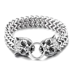COOLSTEELANDBEYOND Mens Vintage Steel Tiger Head Bracelet, Square Franco Link Curb Chain Bracelet, Spring Ring Clasp