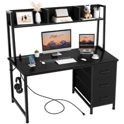 DLisiting Black Computer Desk with Hutch & Drawers - Office Desk with 3 Storage Drawers and Power Outlets, 47 Inch Modern Study Writing Desk for Bedroom Home Office