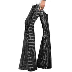 EVALESS Women Sequin Pants Sparkly Glitter High Waisted Wide Leg Flare Trousers Bell Bottom Night Out Clubwear