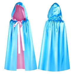 Haysandy Blue Fairy Hooded Cloak Costume, Polyester Cape Cosplay Cloak Princess Costume with Pink Ribbon for Women