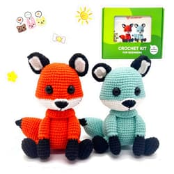 LOLCROCHET 2 Pcs Fox Crochet Kit for Beginners, Couple Animals Amigurumi Starter Kit w Step-by-Step Video Tutorial, Easy Knitting Set for Kids Adults Crocheting Doll Xmas Gift