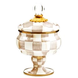 MACKENZIE-CHILDS Enamel Curiosity Pot, Decorative Container for Home Decor, Brown-and-White Mocha Check