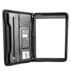 COSSINI Black Superior Vegan Leather Business Portfolio with Zipper – Padfolio All-in-One. Smartest Protective 10.1 Inch Tablet Sleeve, Presentation Slot, Solar Calculator, Card Storage, Writing Pad