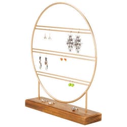 MyGift Brass Tone Metal Earring Display Holder, Large Round 3 Tier Double Bars Necklace Bracelet Hooked Earring Jewelry Organizer with Burnt Wood Base